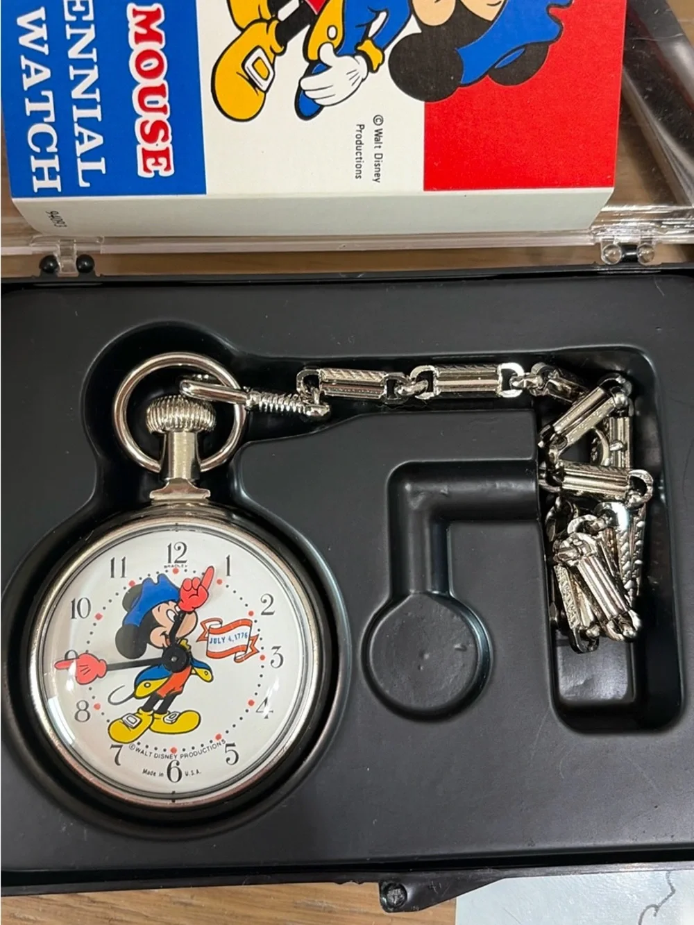 Disney Mickey Mouse Silver Pocket Watch with Red, Blue, Yellow Accents